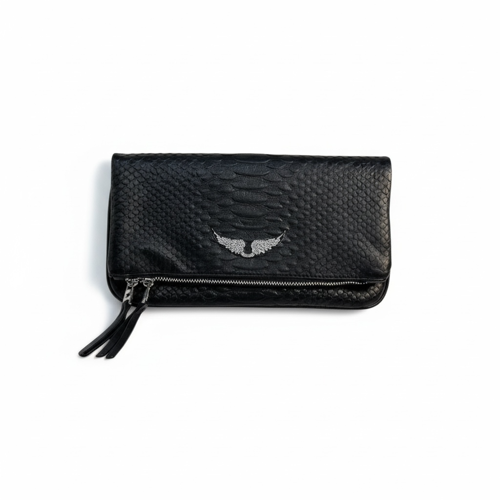Zadig & Voltaire Python-Textured Clutch 🖤 | Silver Wings Luxury Evening Bag
