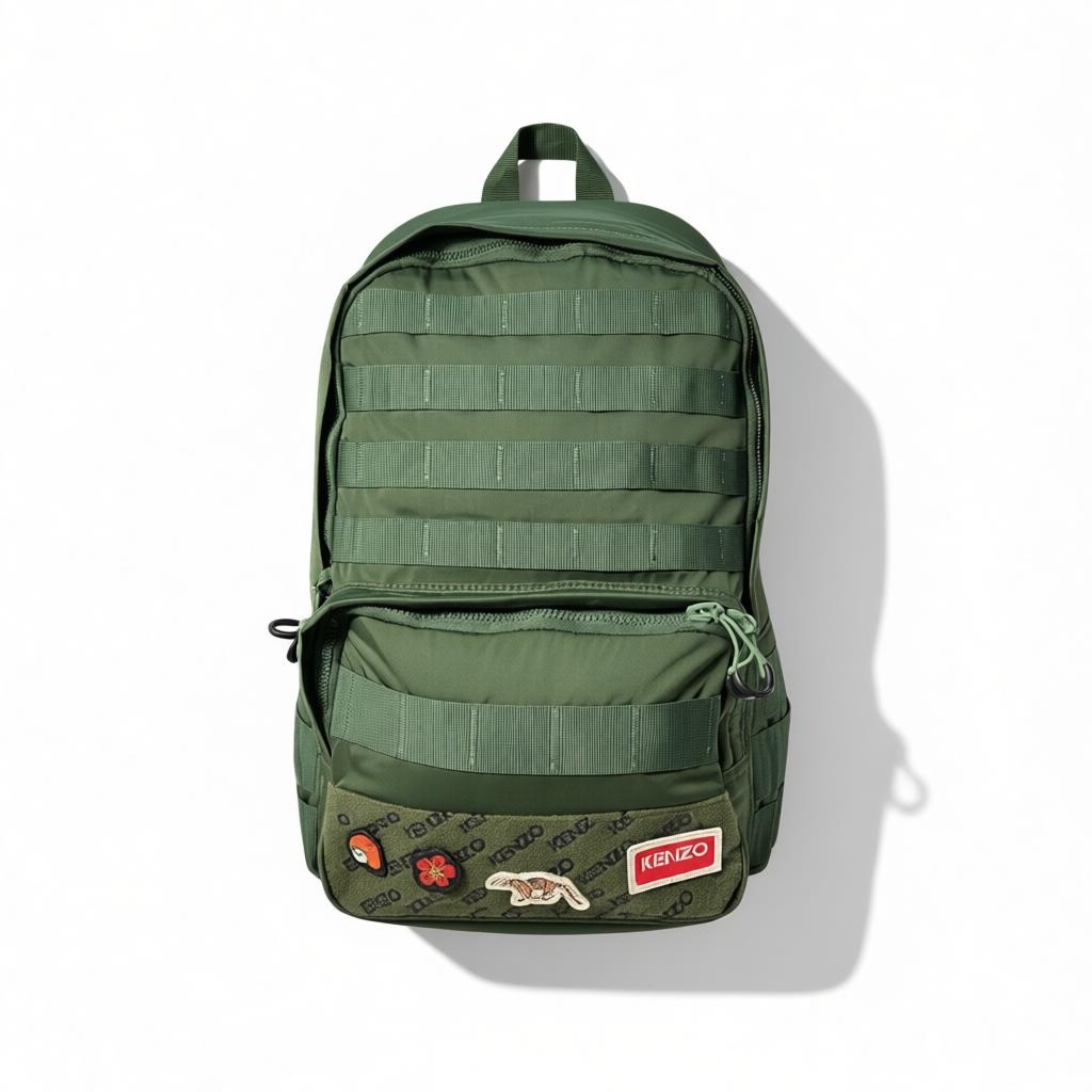 Kenzo Tactical Green Backpack – Embroidered Patch Edition 🪖🧵🌿