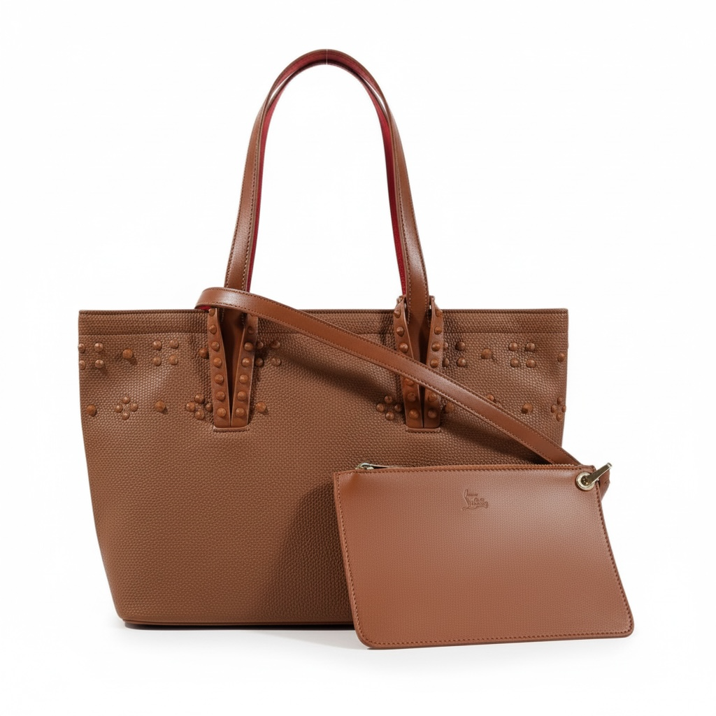 👜✨ Christian Louboutin Brown Leather Tote with Stud Details & Red Sole Accent 👠❤️