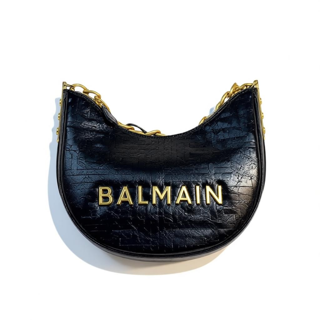 Balmain Black Embossed Shoulder Bag 🖤 | Gold Chain Designer Crescent Bag