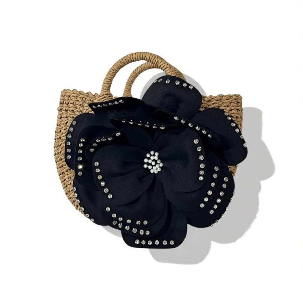 Glam Bloom Rhinestone Flower Straw Tote – Black Edition