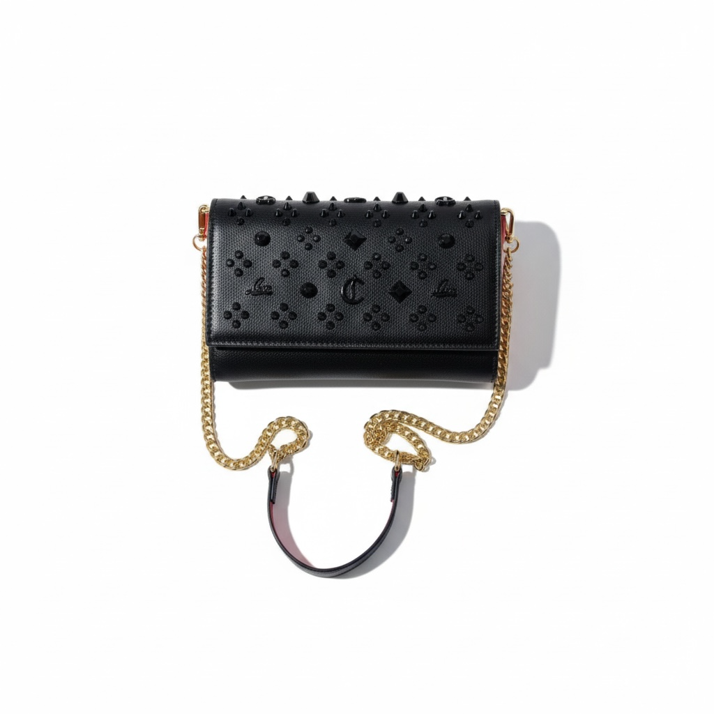 Christian Louboutin Black Studded Crossbody Bag – Gold Chain & Red Interior 🖤🔥