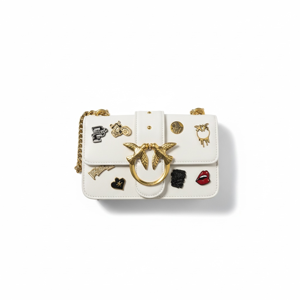 Pinko White Patch Love Bag 🤍🏍️ – Rebel Chic with a Golden Heart