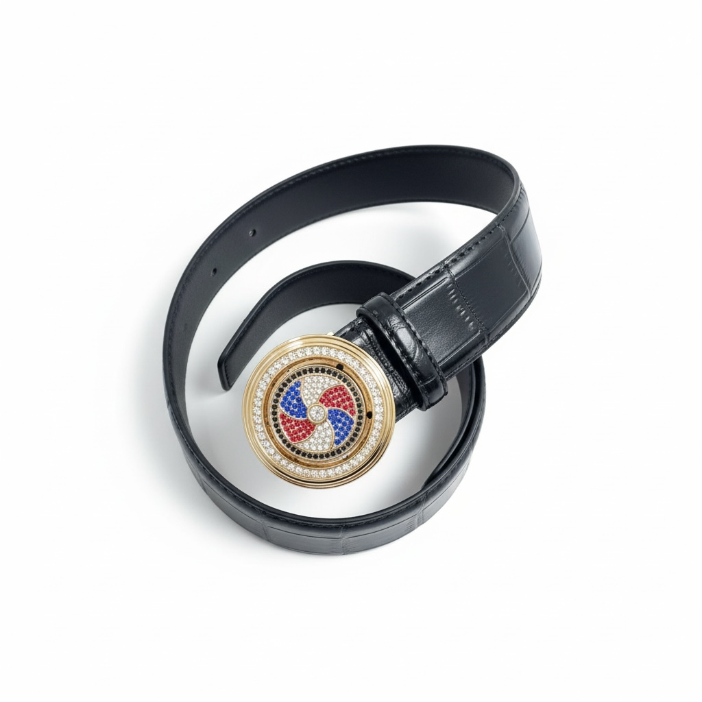 Luxury Black Croc-Embossed Belt with Rotating Jewel Buckle