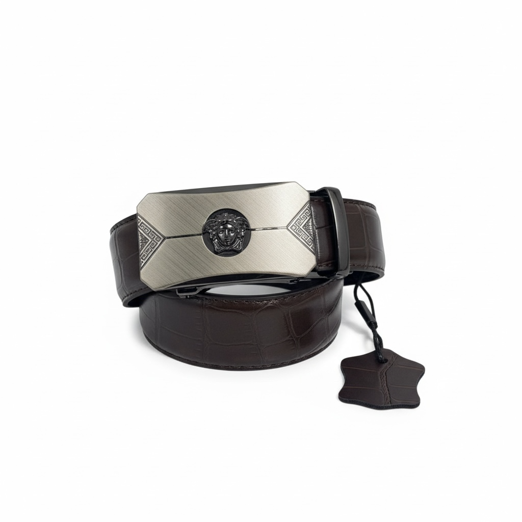 Brown Crocodile Leather Belt with Medusa Head Buckle