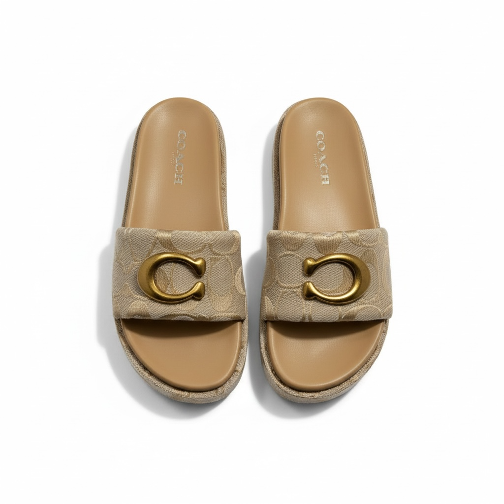 Coach Beige Signature C Platform Slippers – Gold Emblem Elegance ✨