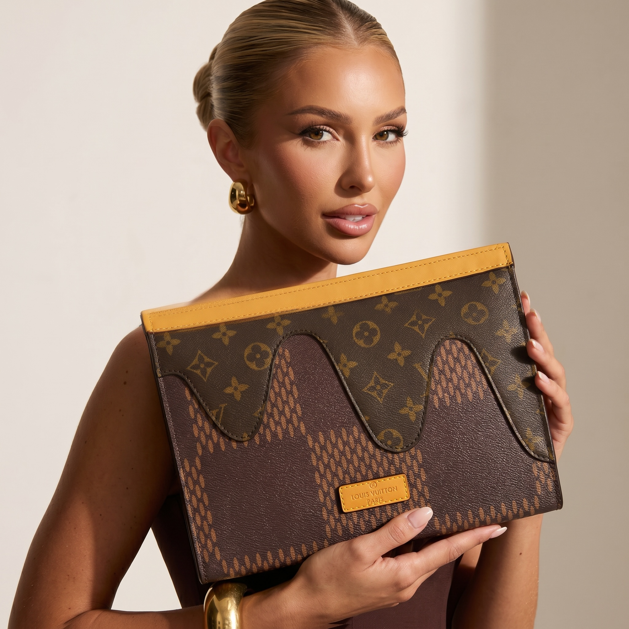 Louis Vuitton Limited Edition Monogram Clutch with Artistic Wave Design 🌊🧡