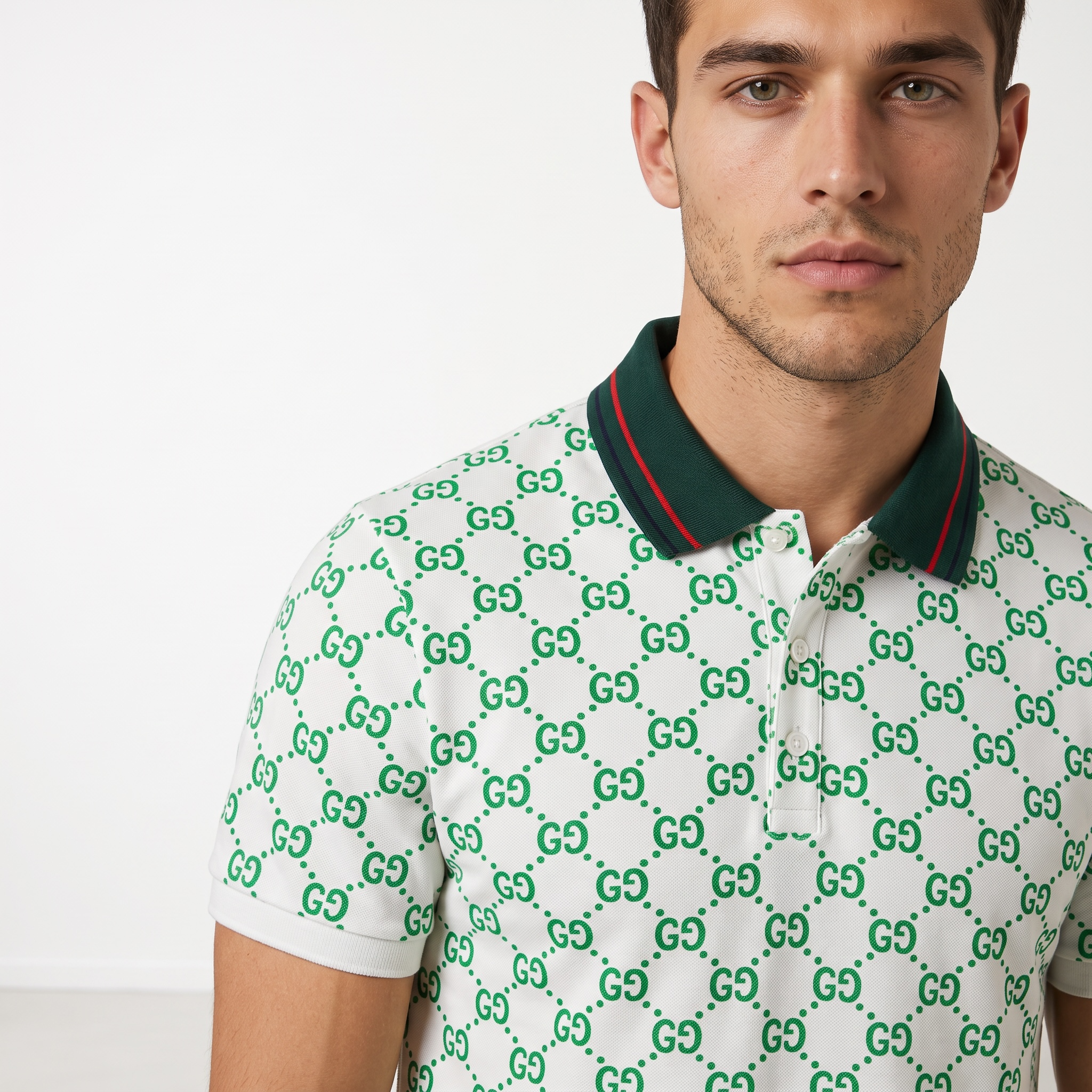 Gucci All-Over GG Monogram Polo – White & Green with Web Collar