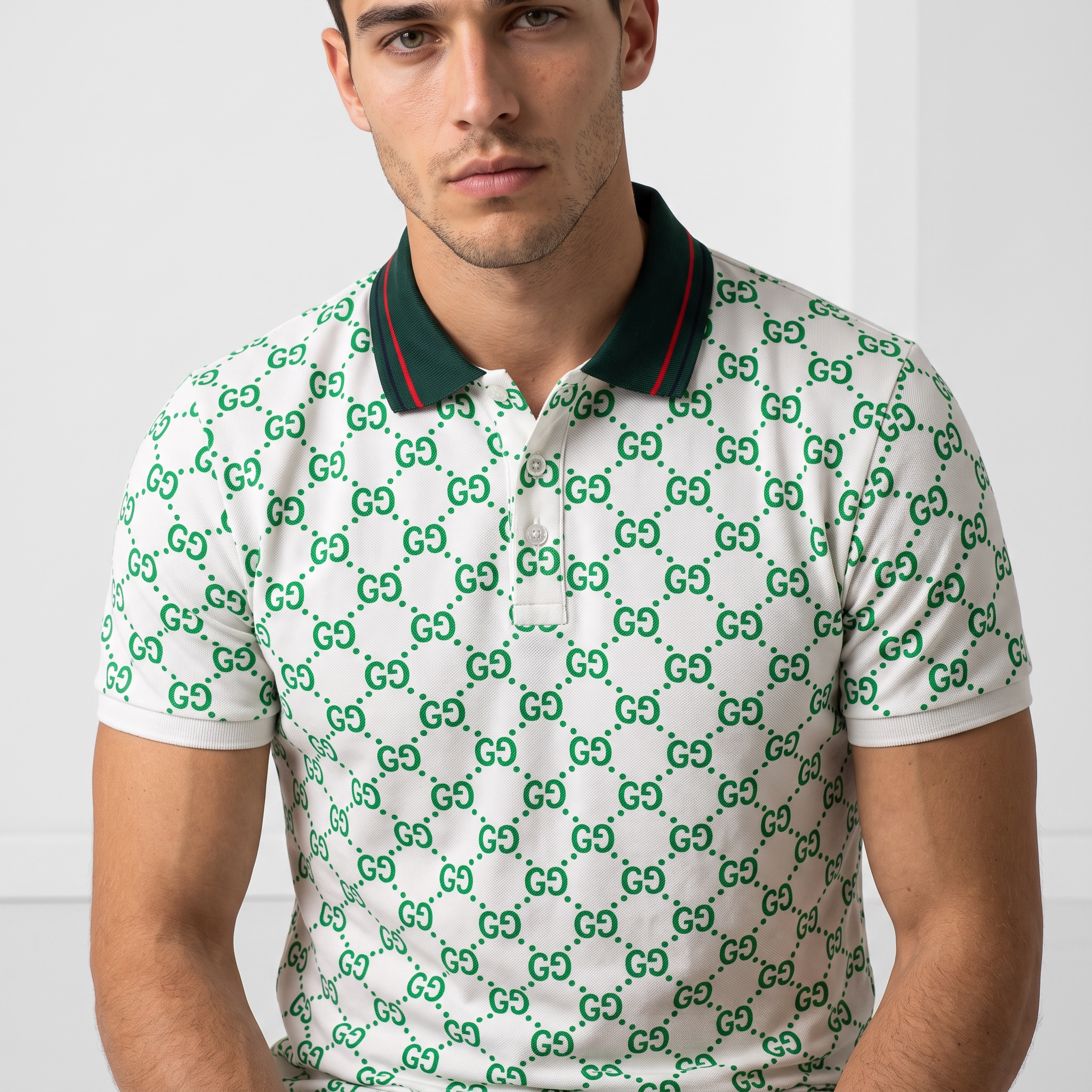 Gucci All-Over GG Monogram Polo – White & Green with Web Collar