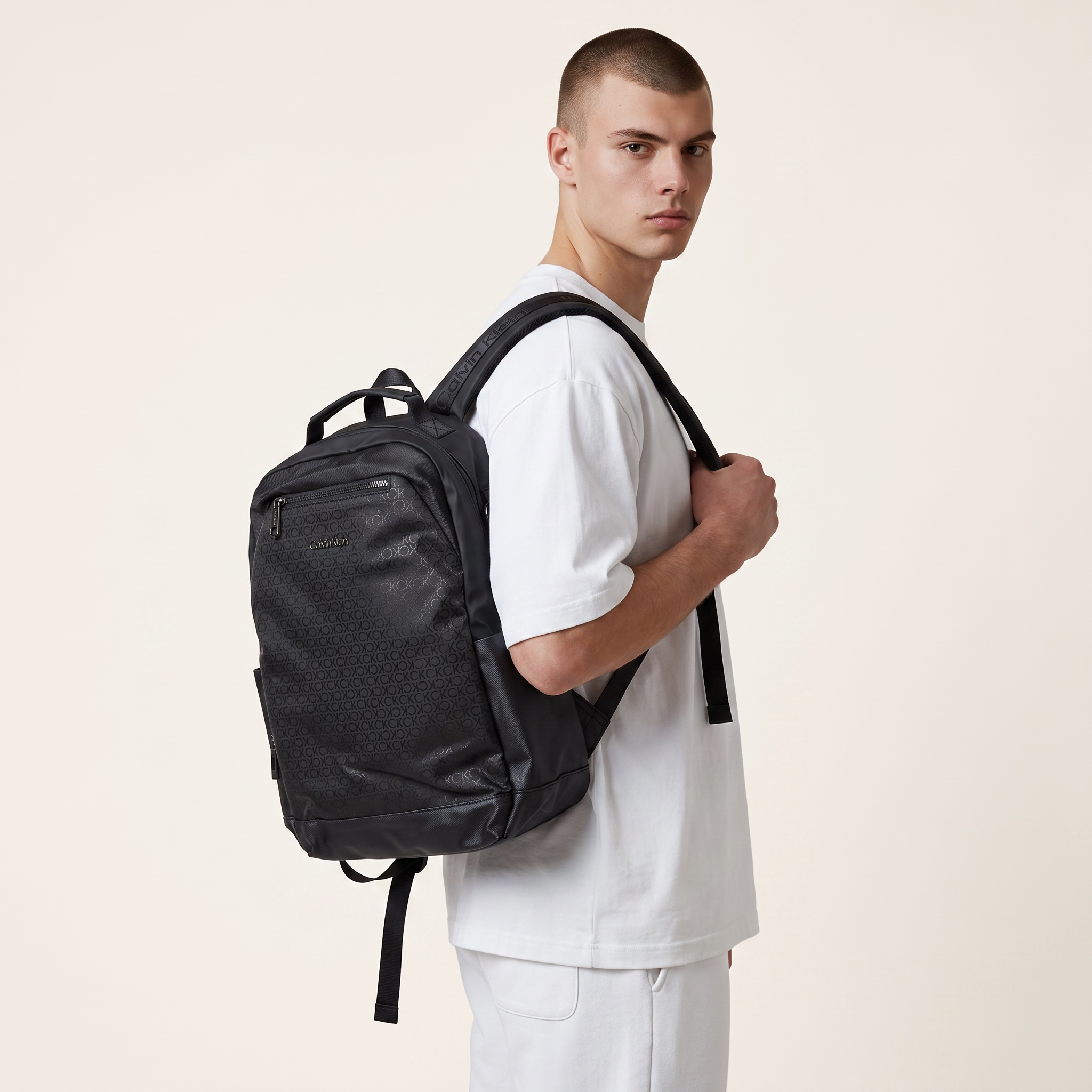 🎒 Calvin Klein Monogram Backpack – All-Black Modern Utility