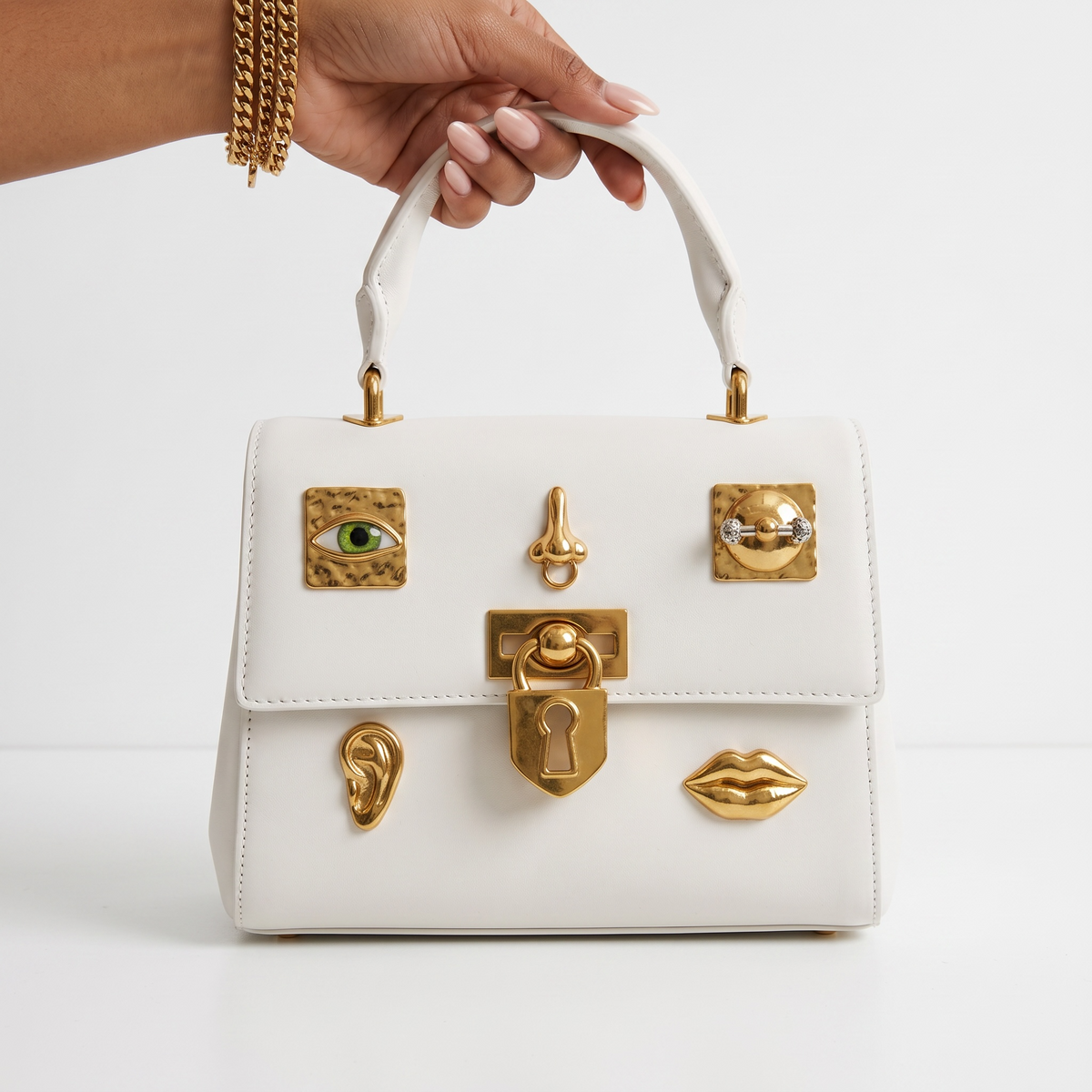 Schiaparelli- medium Top Handle Bag – White Gold Motifs 👜✨