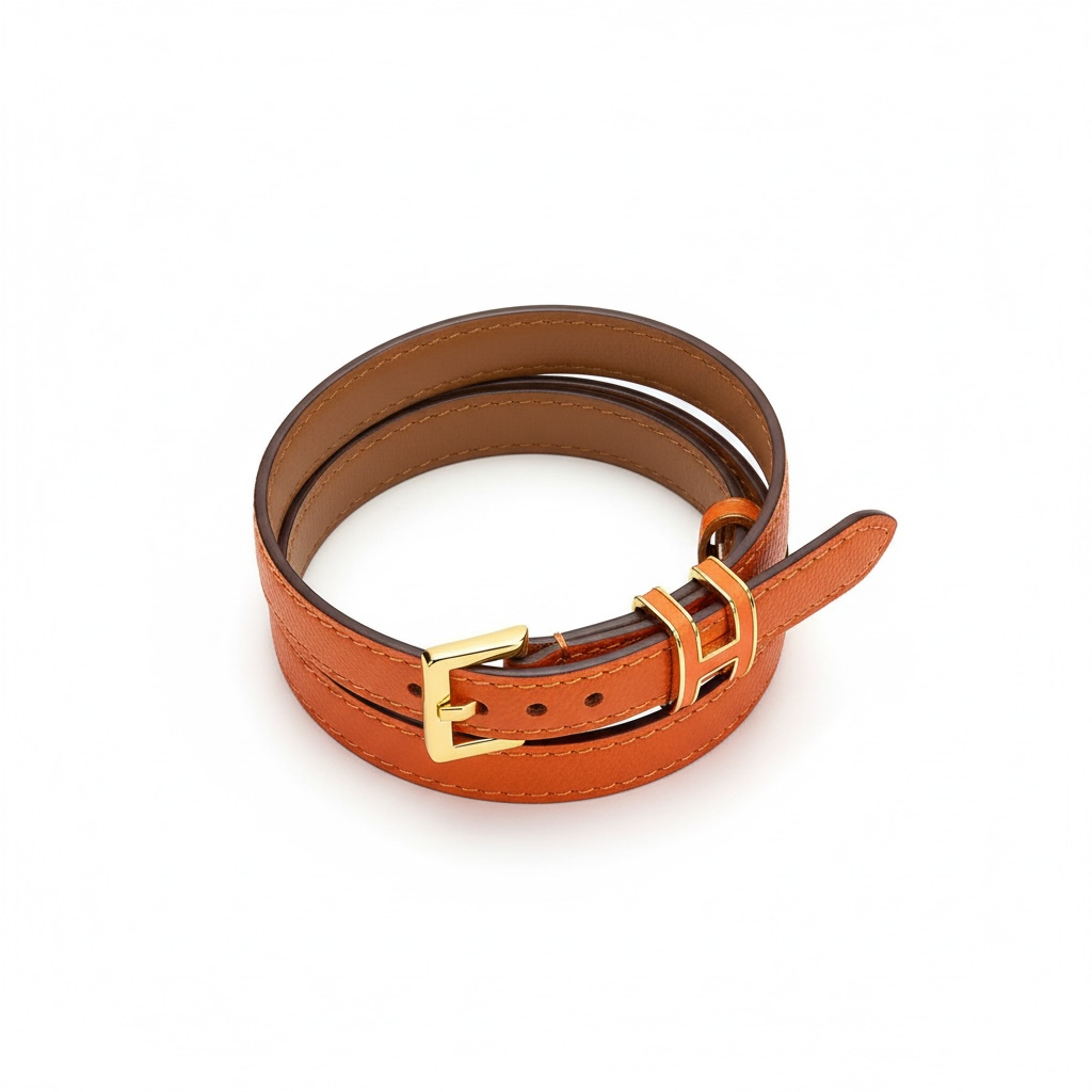 Hermès Double Tour Leather Bracelet – Orange with Gold H Buckle 🧡✨95cm