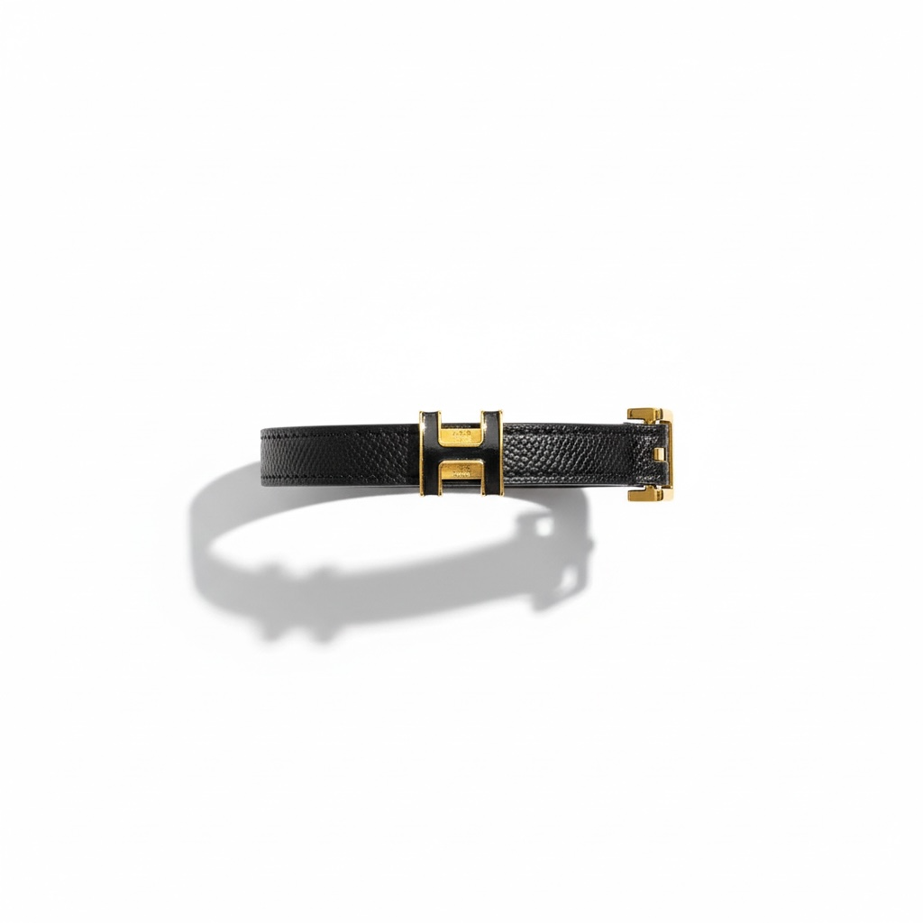 Hermès Leather Bracelet – Black with Gold H Clasp 🖤✨100cm