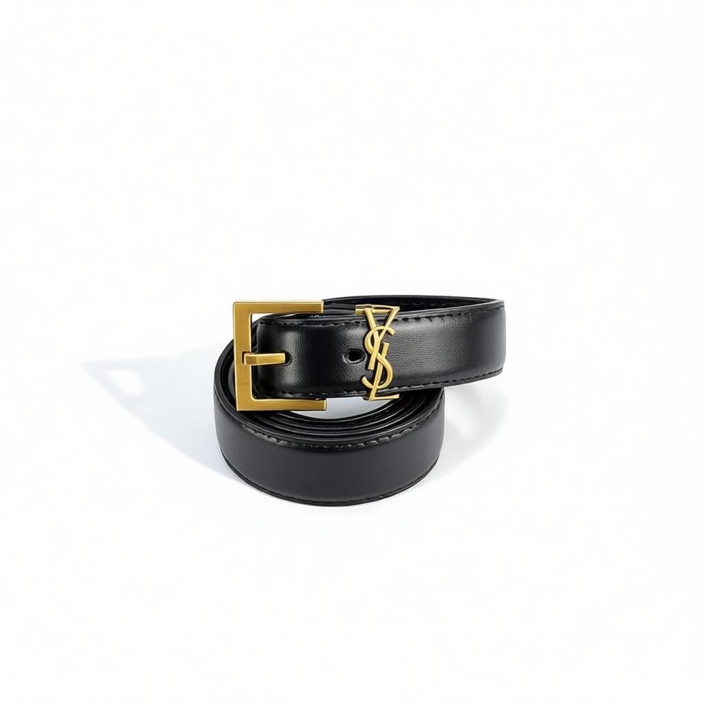 Saint Laurent Black Leather Belt with Gold YSL Logo 🖤✨ 115cm