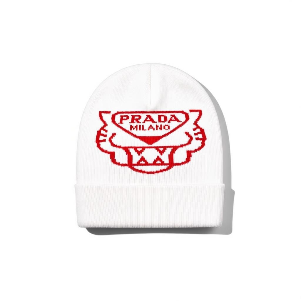 🤍 Prada Milano White & Red Beanie | Luxury Knit Winter Hat