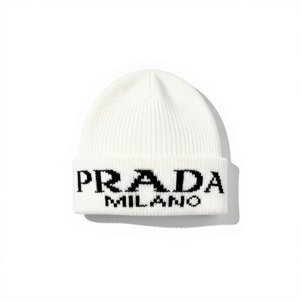 🤍 Prada Milano White Ribbed Beanie | Luxury Knit Logo Hat
