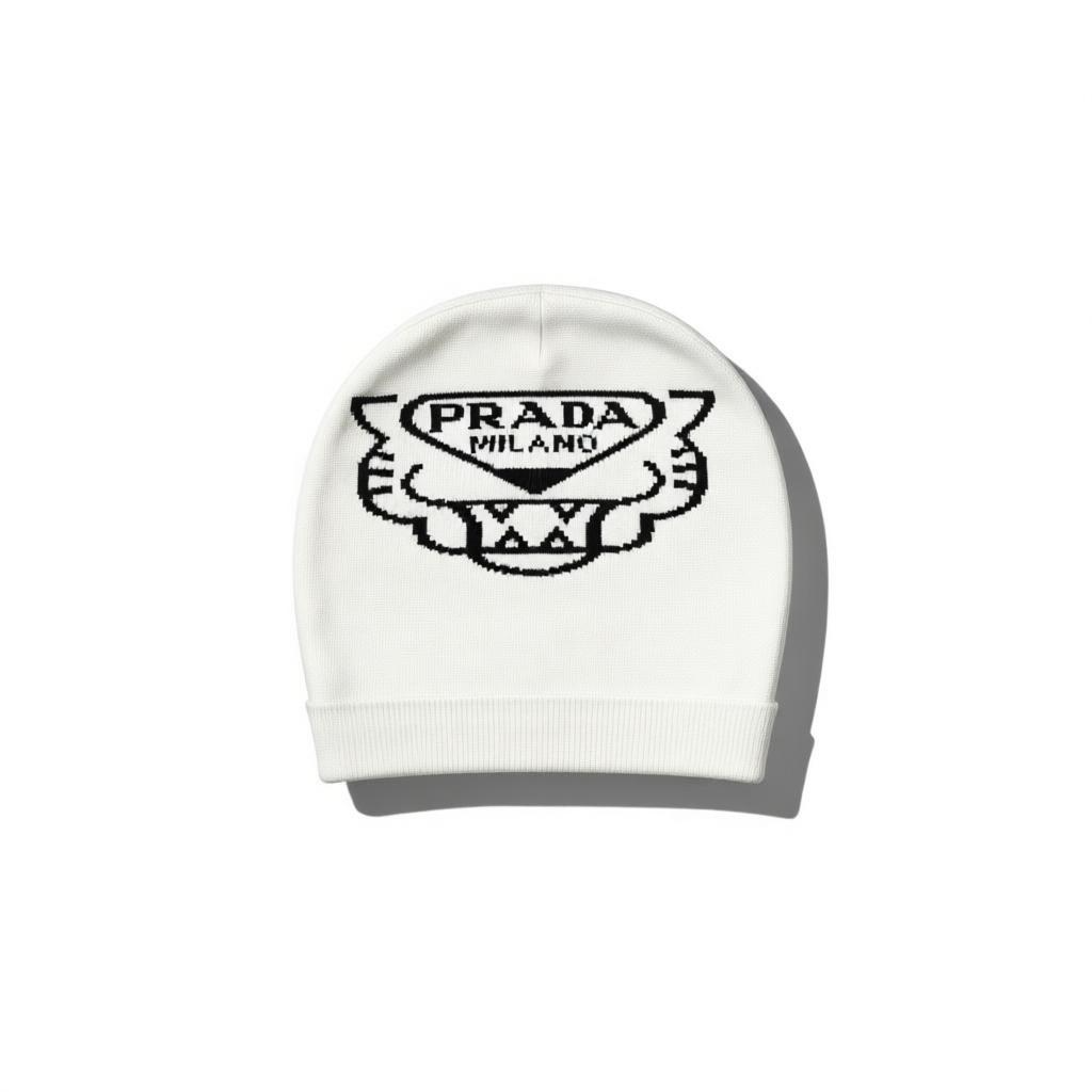🖤 Prada Milano White Beanie | Classic Black Logo Knit Hat