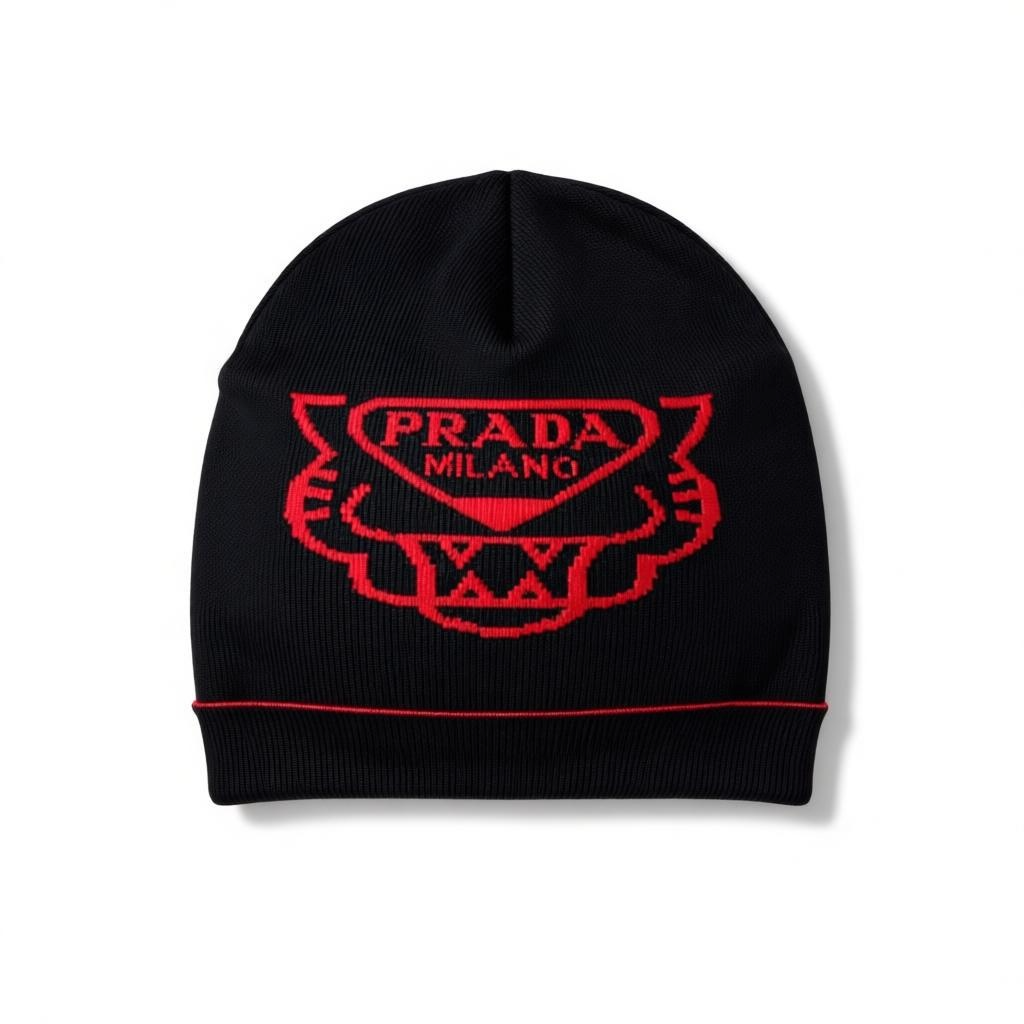 🔴 Prada Milano Black & Red Beanie | Bold Luxury Knit Winter Hat