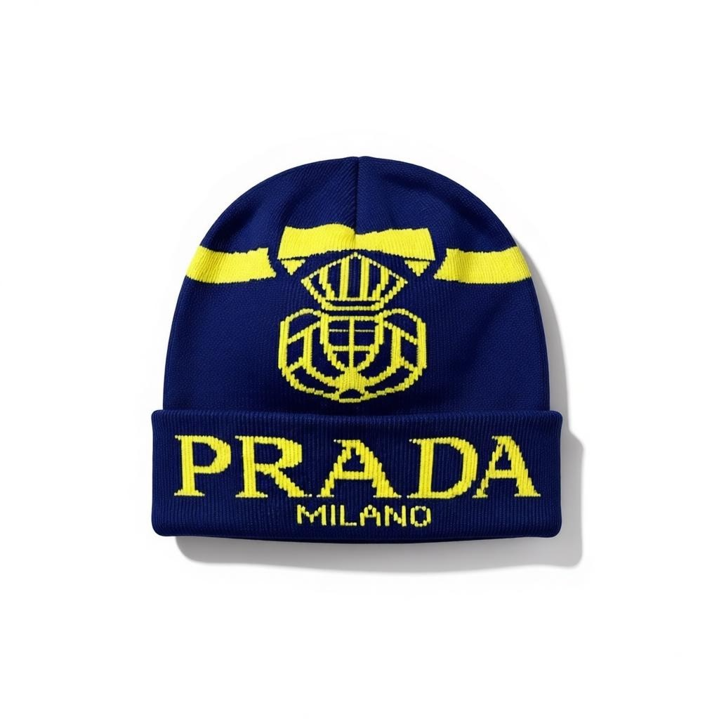 💛 Prada Milano Navy & Yellow Beanie | Luxury Knit Streetwear Hat