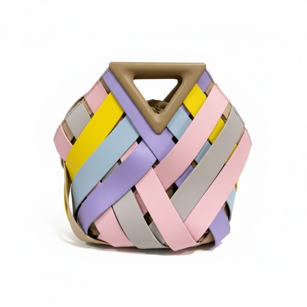Pastel Rainbow Bottega-Inspired Woven Handbag – Geometric Leather Design with Drawstring Pouch