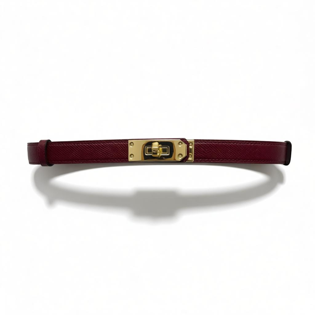 Hermès Burgundy Slim Leather Belt with Gold Kelly Lock Buckle ✨🍷