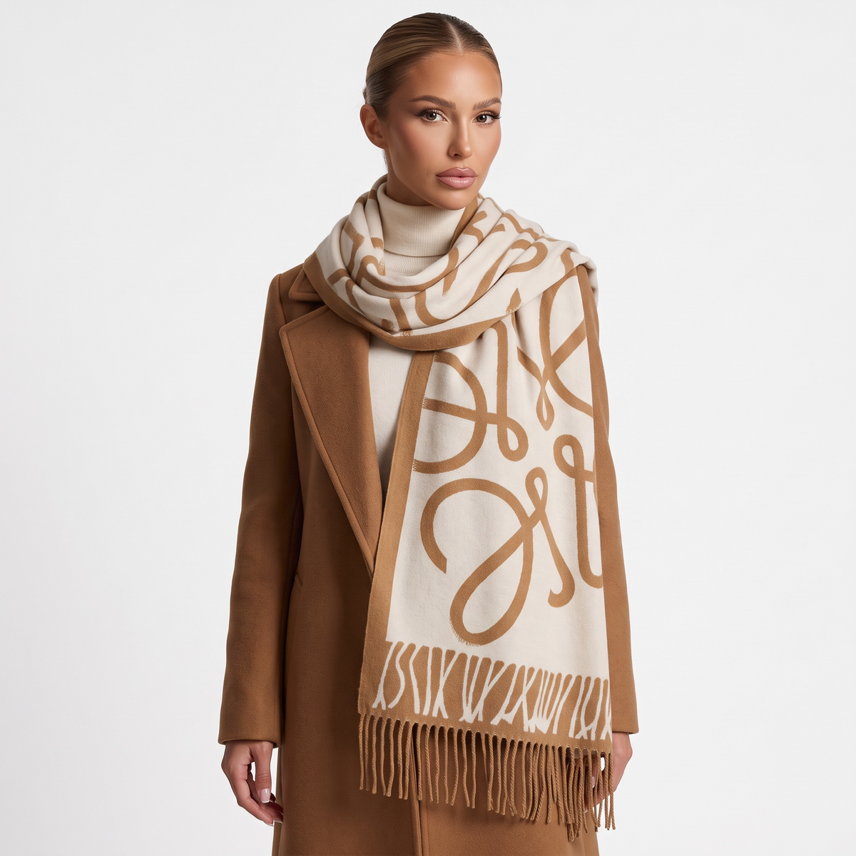 Loewe Brown & Ivory Patterned Scarf | Luxury Fringe Winter Shawl 🤎✨