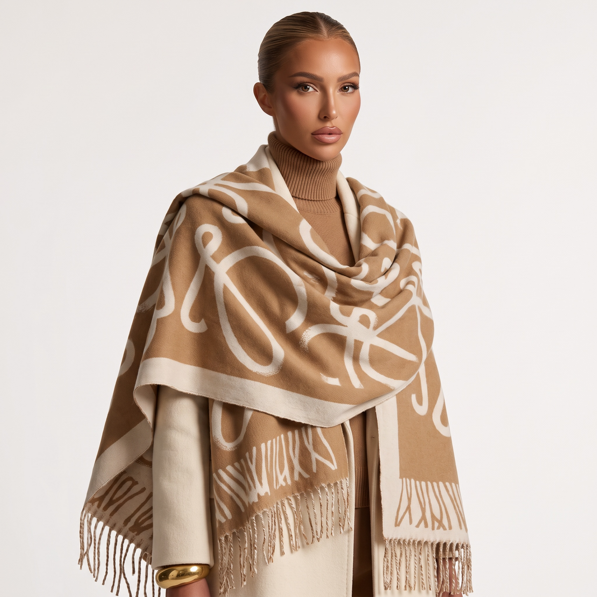 Loewe Brown & Ivory Patterned Scarf | Luxury Fringe Winter Shawl 🤎✨