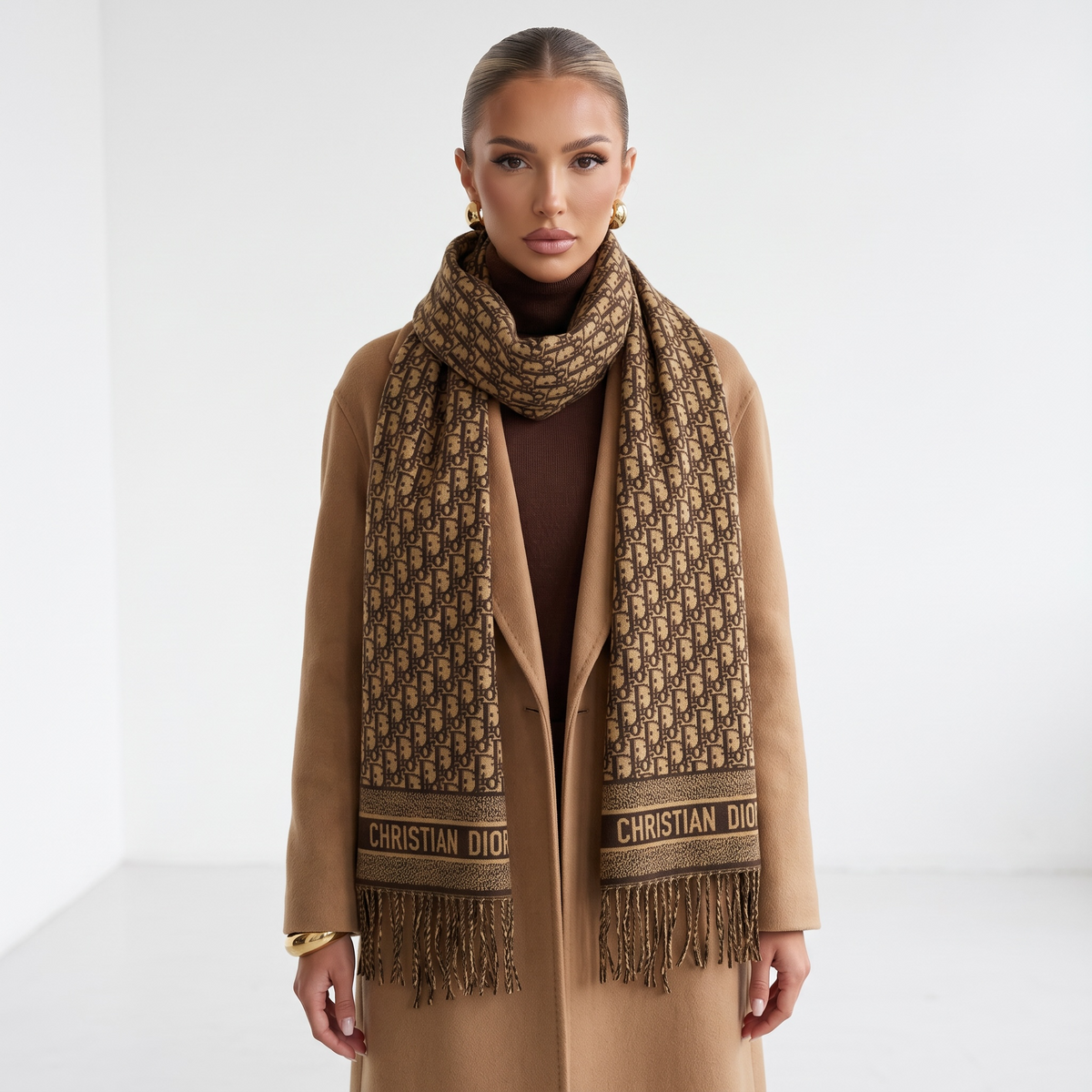Christian Dior Oblique Scarf – Camel & Black Timeless Luxury🤎