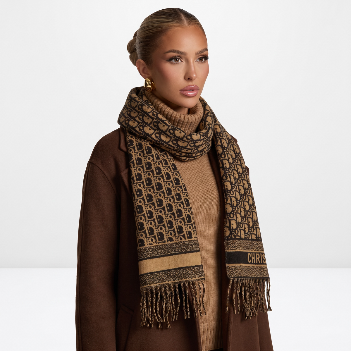 Christian Dior Oblique Scarf – Camel & Black Timeless Luxury🤎