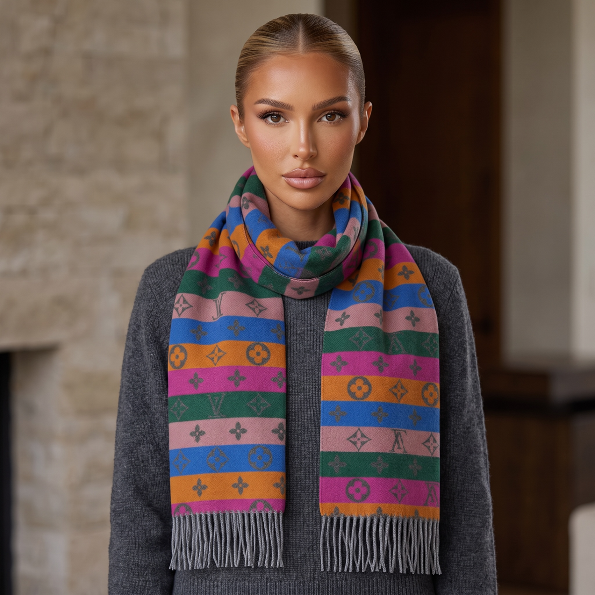 🧣 Louis Vuitton Multicolor Monogram Scarf – Bold Luxury Statement