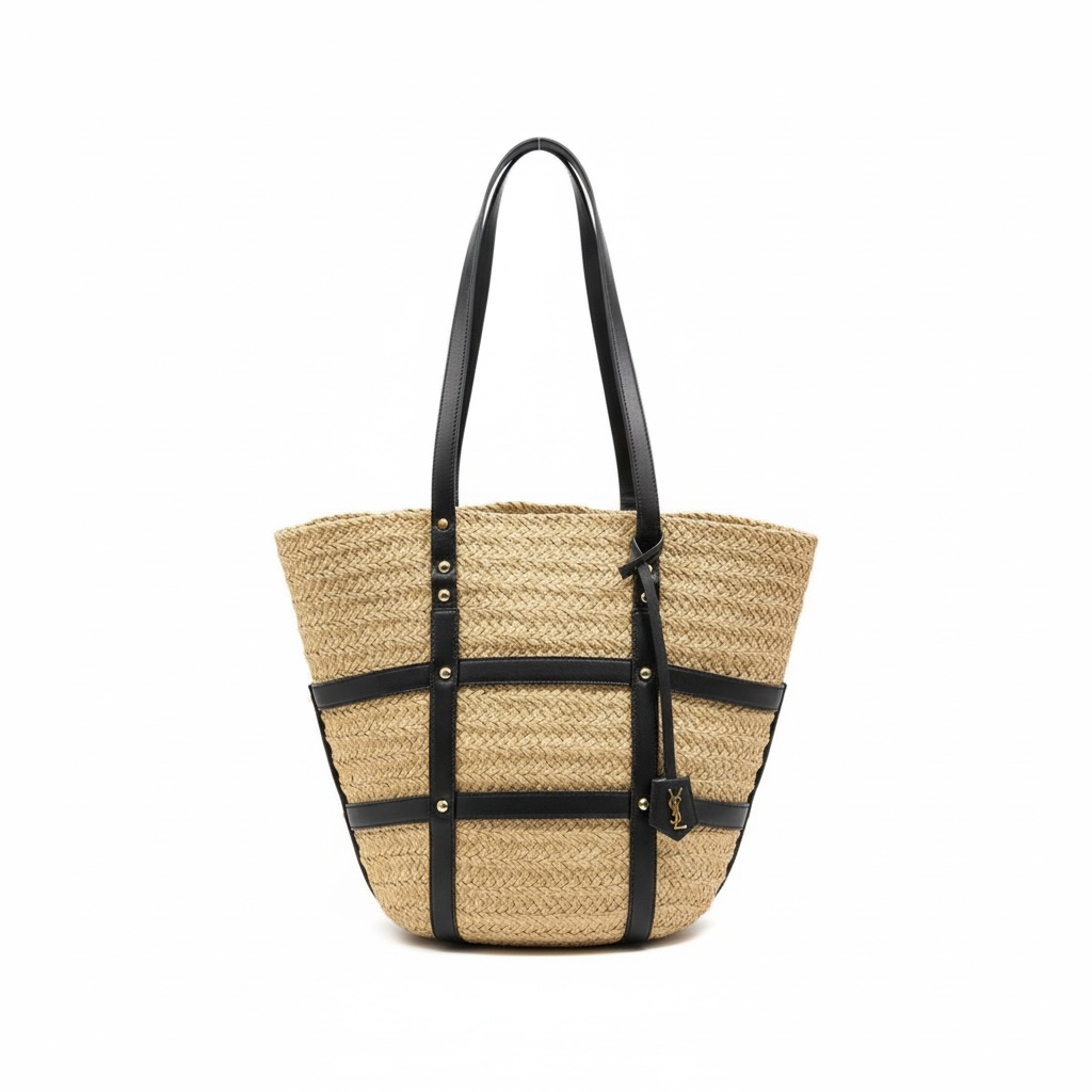 Saint Laurent Panier Raffia Tote with Black Leather Straps 🌾🖤 | YSL Summer Statement Bag ✨