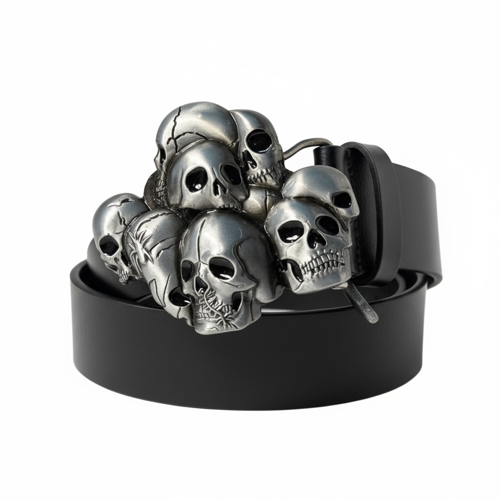 Bold Skull-Design Black Leather Belt