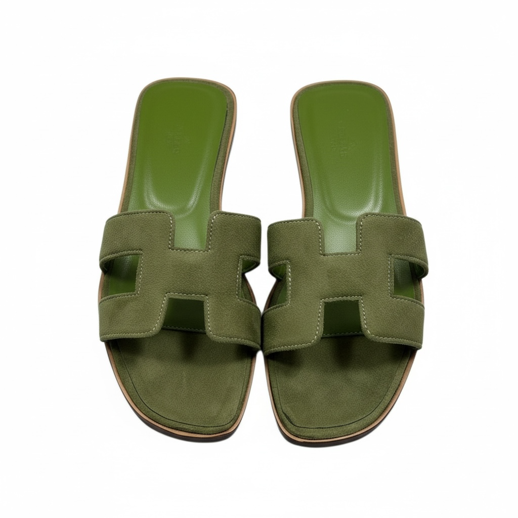 Hermès H-Style Suede Slippers – Olive Green Luxe Flats 🌿