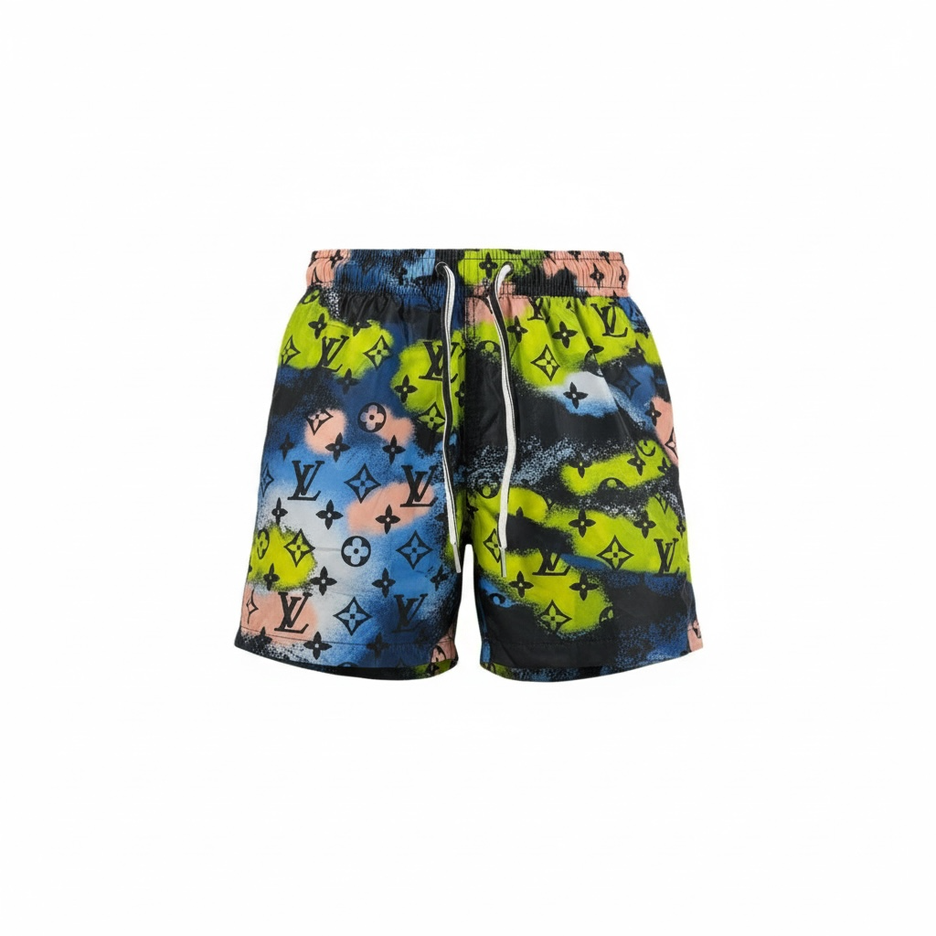 Louis Vuitton-Inspired Graffiti Swim Shorts – Neon Splash Monogram 💚💙🖤