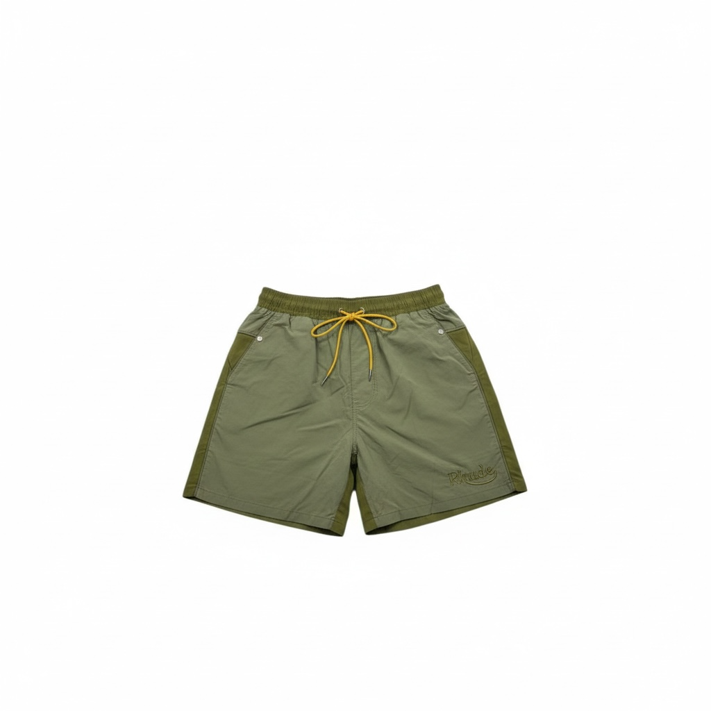 Rhude Olive Green Panel Swim Shorts – Urban Jungle Vibes 🌿💛