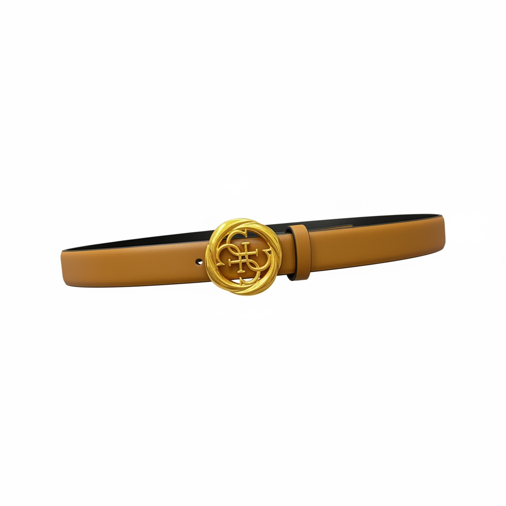Guess Logo Leather Belt – Camel Brown with Gold Emblem 🤎✨