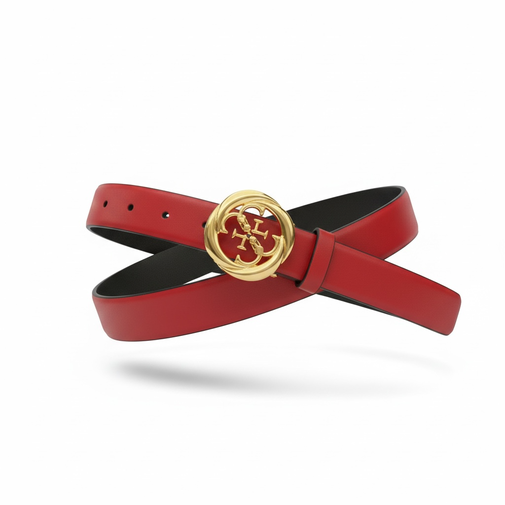 Guess Logo Leather Belt – Red with Gold Circular Buckle ❤️✨