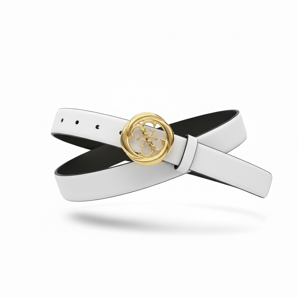 Guess Logo Leather Belt – White with Gold Medallion 🤍✨