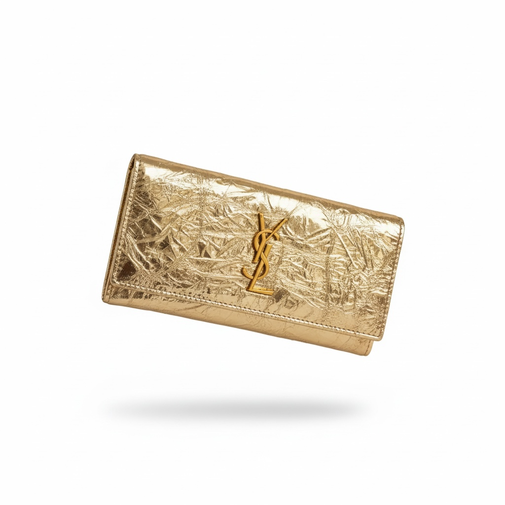 Saint Laurent Gold YSL Wallet – Crinkled Metallic Leather ✨💛