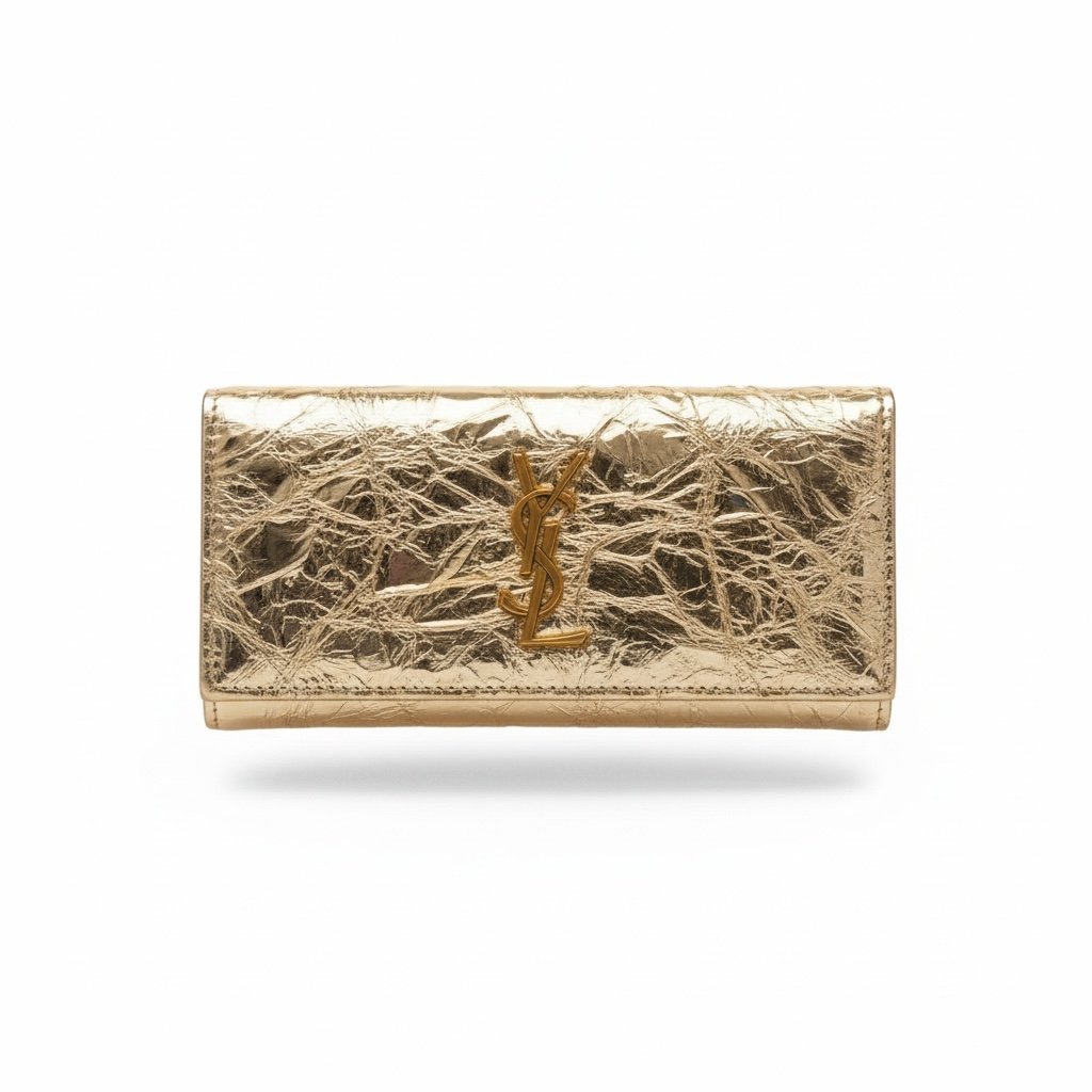 Saint Laurent Gold YSL Wallet – Crinkled Metallic Leather ✨💛