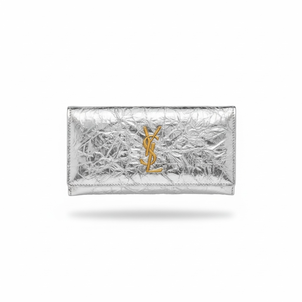 Saint Laurent Silver YSL Wallet – Crinkled Metallic Leather ✨🤍