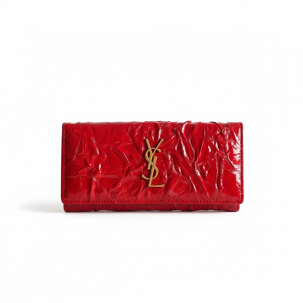 Saint Laurent YSL Red Crinkled Leather Long Wallet ❤️✨