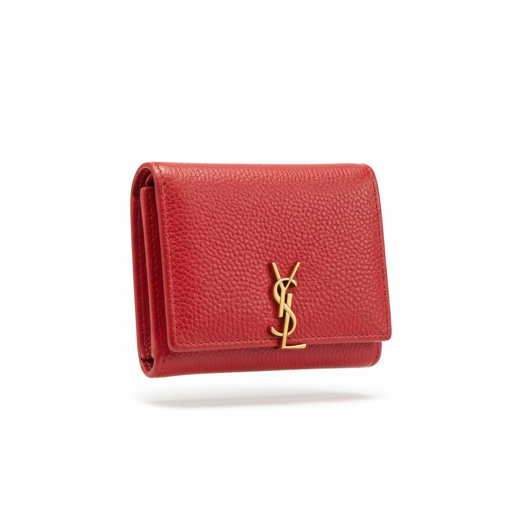 Yves Saint Laurent Red Pebbled Leather Compact Wallet ❤️✨