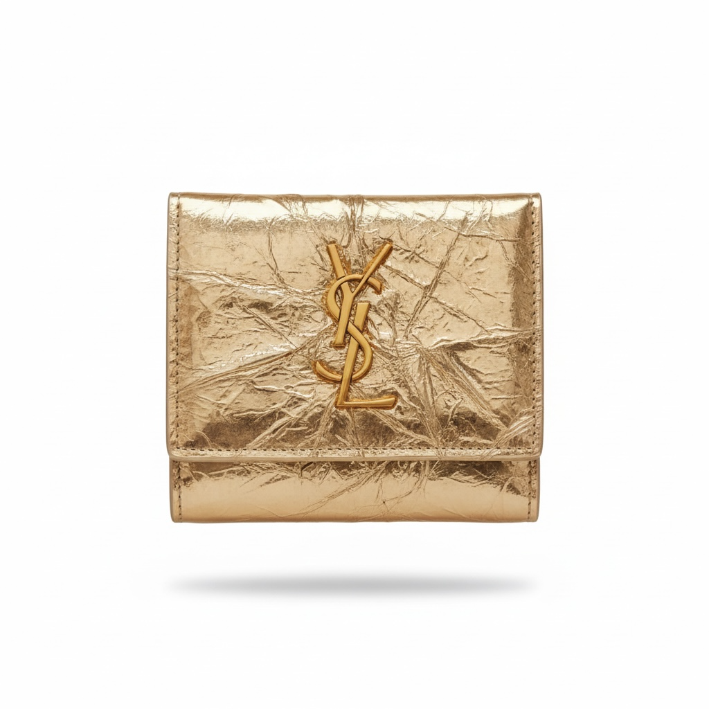 Yves Saint Laurent Gold Crinkled Leather Compact Wallet ✨💛