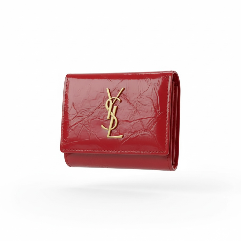 Yves Saint Laurent Red Crinkled Leather Compact Wallet ❤️✨