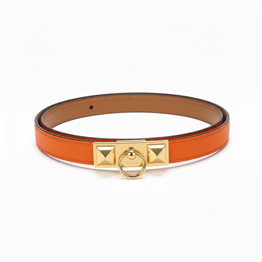 Hermès Orange Leather Stud Belt with Gold Ring 🧡✨