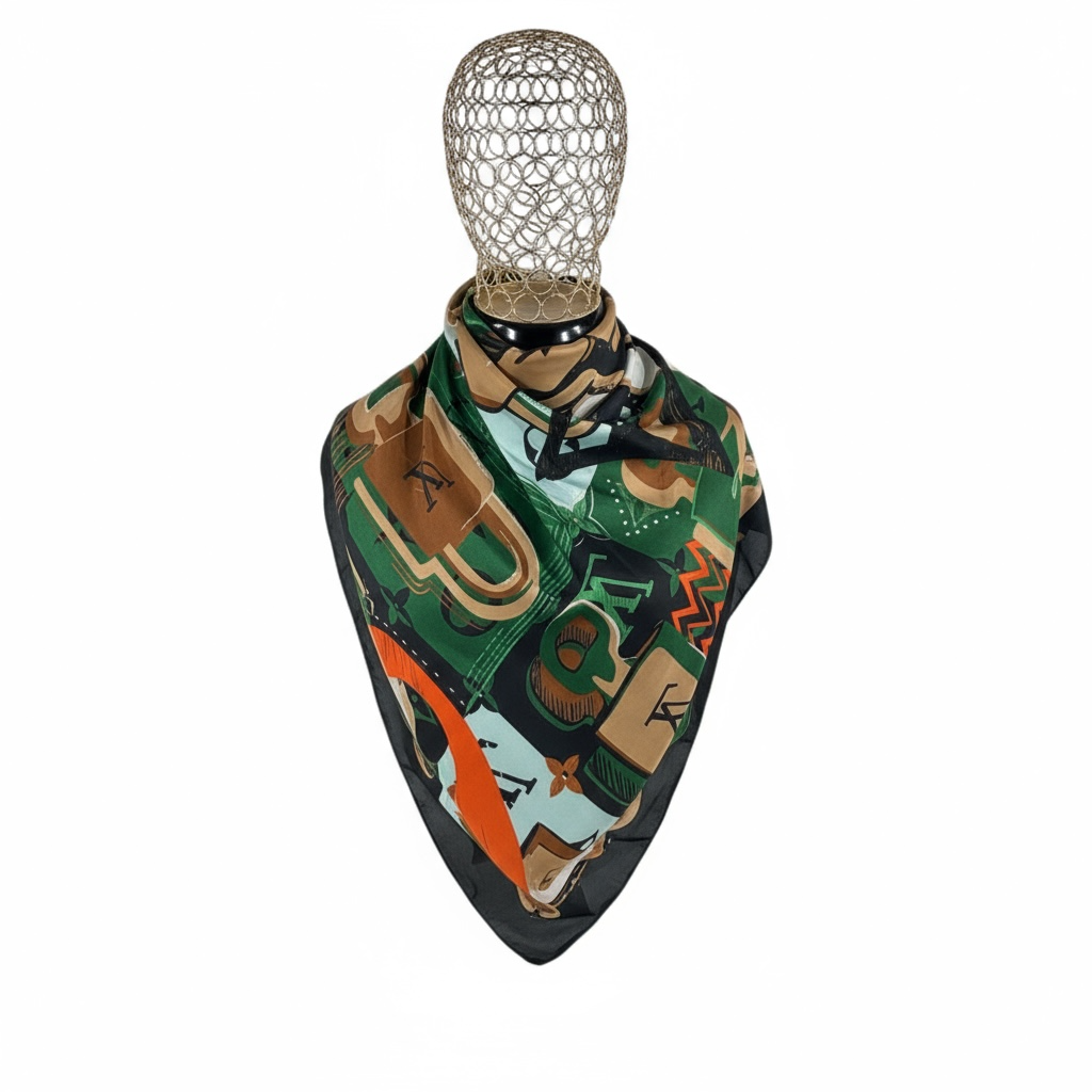 💚 Louis Vuitton Silk Scarf – Monogram Lock & Keys Print ✨