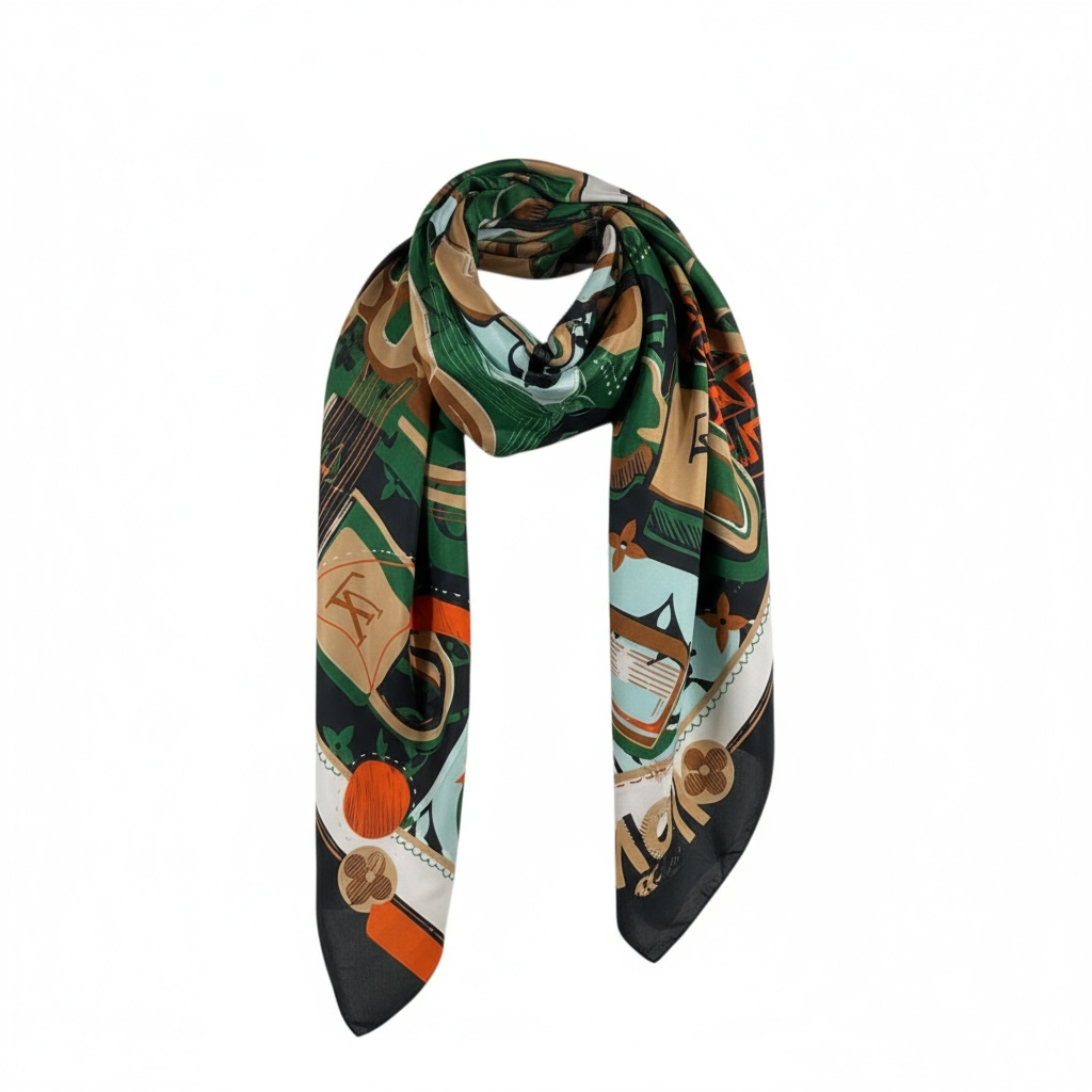 💚 Louis Vuitton Silk Scarf – Monogram Lock & Keys Print ✨