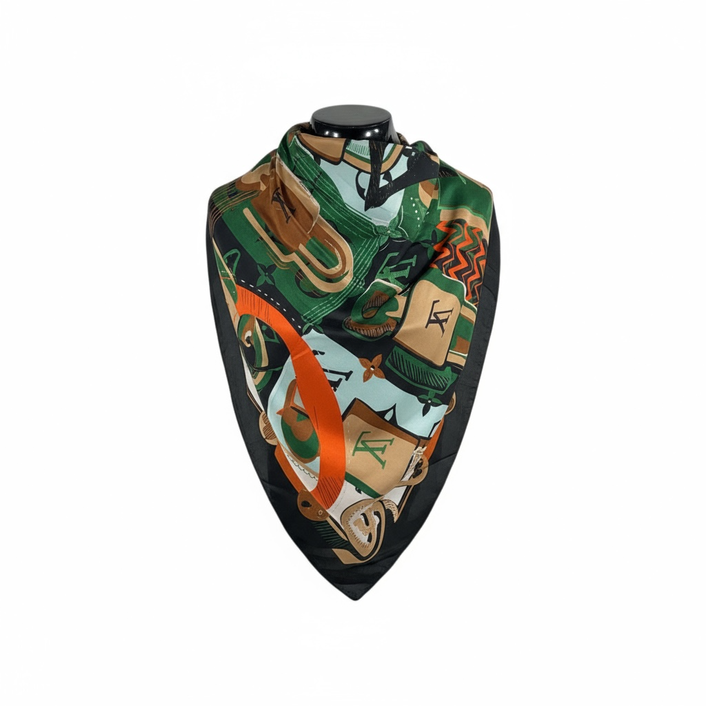 💚 Louis Vuitton Silk Scarf – Monogram Lock & Keys Print ✨