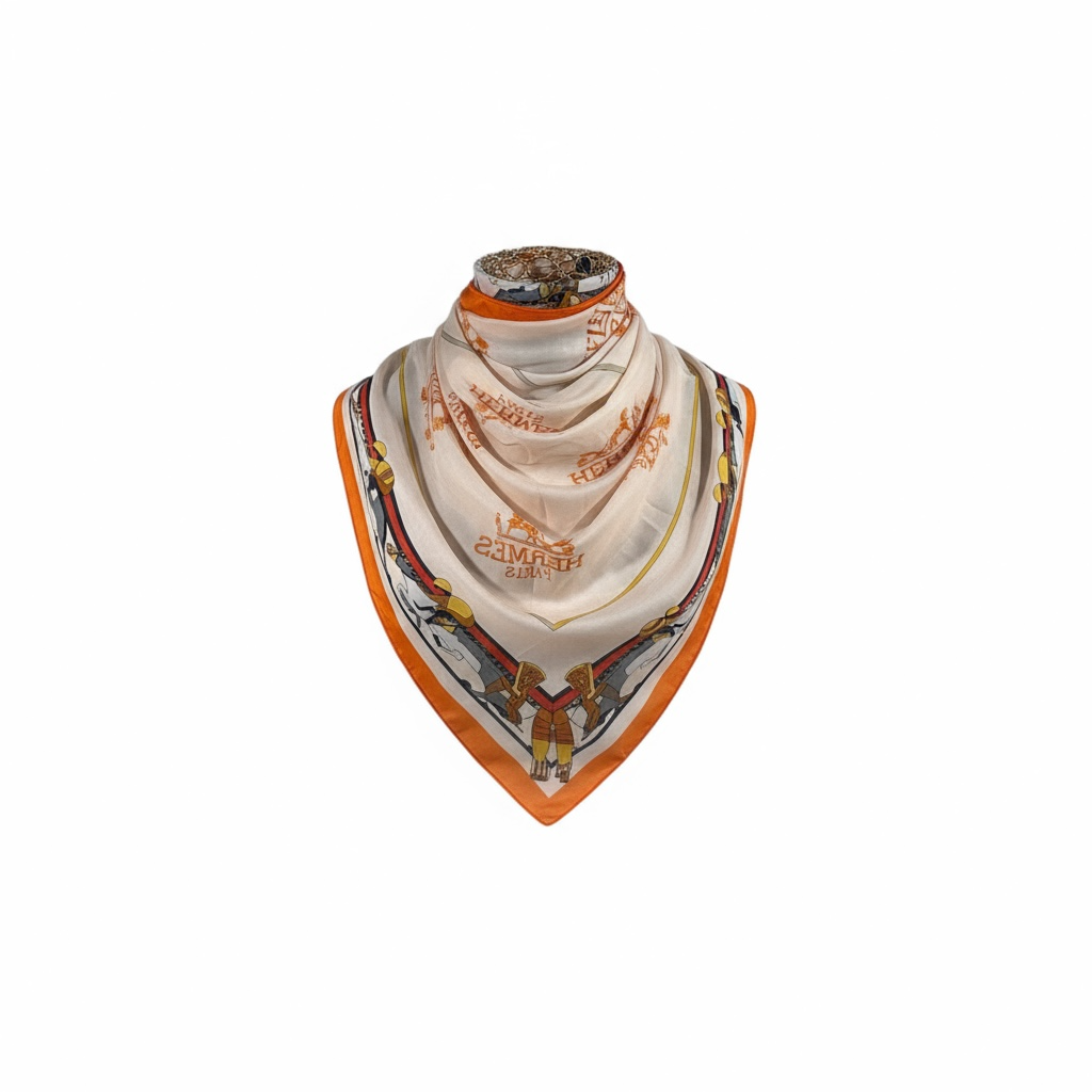 🤍🧡 Hermès Paris Silk Scarf – Ivory with Orange Accents ✨